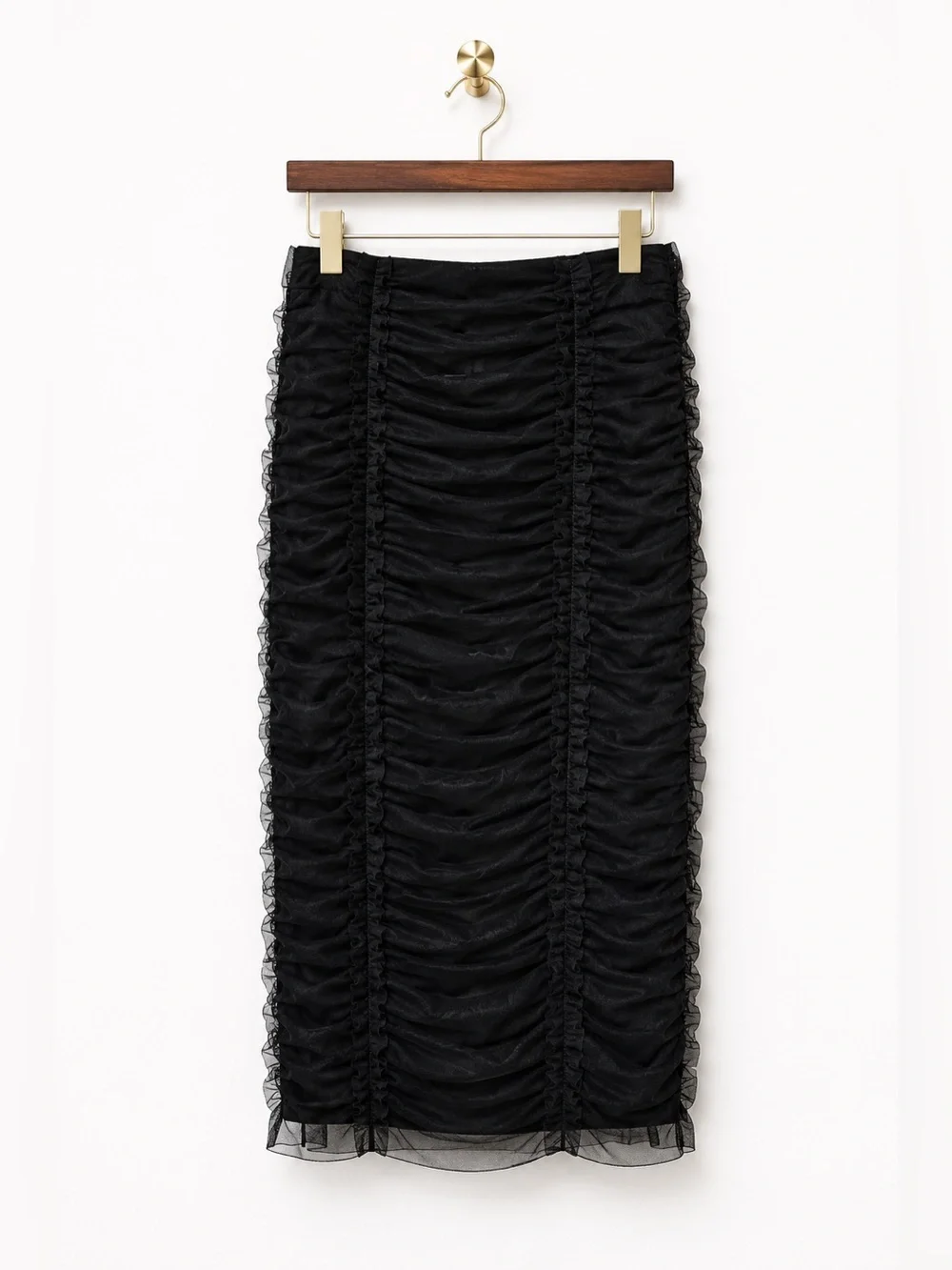 Susan Dell Made in Italy Black Ruched‎ Mesh Lined Midi Skirt Y2K Size 4